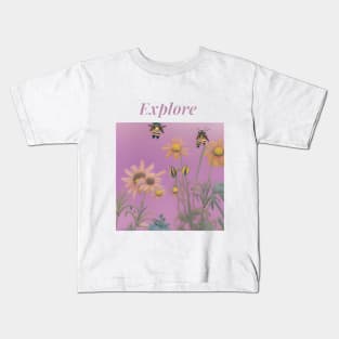 Explore Nature Bee Tee - Floral Botanical Shirt, Garden-inspired T-shirt, Unisex Nature Lover Tee, Aesthetic Bee and Flower Design, Purple and Yellow Tshirt Kids T-Shirt